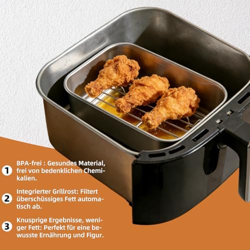 Stainless Steel Casserole Dish for Airfryer 2-Piece Set with Drip Rack & Sealing Lid, Hot Air Fryer Accessories for Ninja Cosori Philips - BPA-Free, Odourless, Robust & with Heat Protection Handles - Image 2