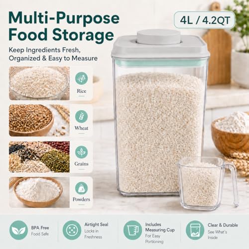 POP Airtight Flour-Rice Food-Storage Container - 4L/4.2Qt Jar with Lid(4Pc) and 3.3Oz Scoop(4Pc) | BPA-Free | Perfect for Storing Grains, pasta, Snacks | Stackable and Durable - Image 2
