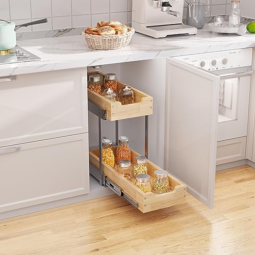 Sikarou Wood Pull Out Cabinet Organizer 2 Tie 9" W x 21" D, Heavy-Duty Sliding Drawers for Inside Cabinets Storage and Organization for Kitchen, Pantry, Bathroom - Image 5