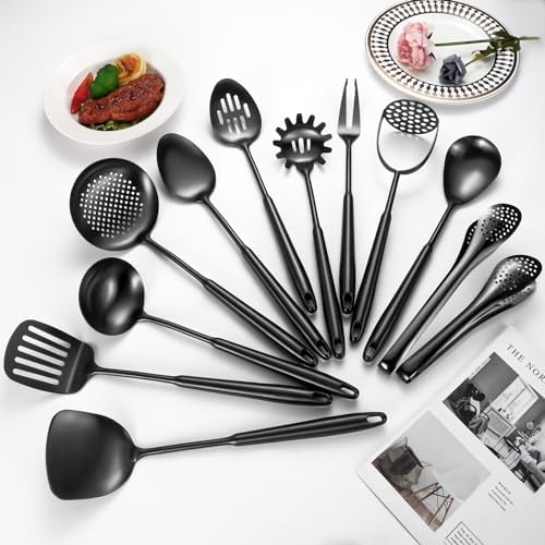 304 Stainlss Steel Matte Kitchen Utensils Set, 12 Pcs Long Metal Cooking Utensil Gadgets Tools Set with Spatula, Ladle, Spoon, Ladle, Skimmer, Tunner, Pasta Server, Tongs(Black, Dishwasher Safe) - Image 2