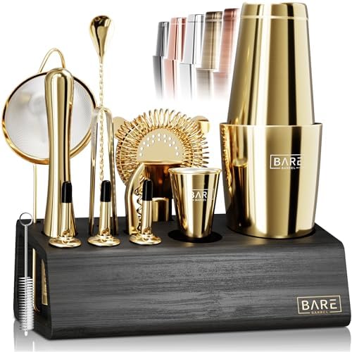 BARE BARREL® Mixology Bartender Kit Bar Set | 14-Piece Cocktail Shaker Set | Martini Barware Mixing Tools for Home Bartending | Incl. 35 Recipe Cards | Gift Set (28oz Boston Shaker, Gold/Black) by BareBarrel