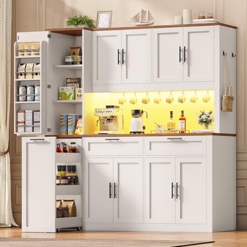 Itaar 71" Kitchen Pantry Cabinet with Charging Station and Led Light, Kitchen Storage Cabinets with Microwave Stand, 59" Wide Pantry Storage Cabinet with Storage Cart 3 Tier for Dining Room, White by Itaar