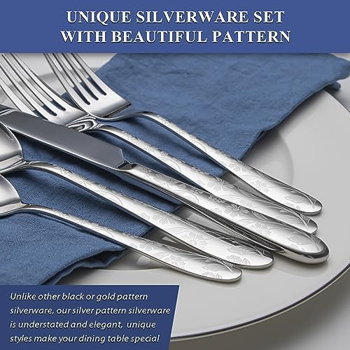 40 Piece Silverware Set Service for 8, EIUBUIE Premium Stainless Steel Cutlery Set, Mirror Polished Flatware Sets with Pattern Handle, Modern Kitchen Eating Utensils Sets Include Spoons Forks Knives - Image 4