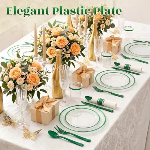350PCS Clear Green Plastic Plates Dinnerware Sets for 50 Guests - Image 4