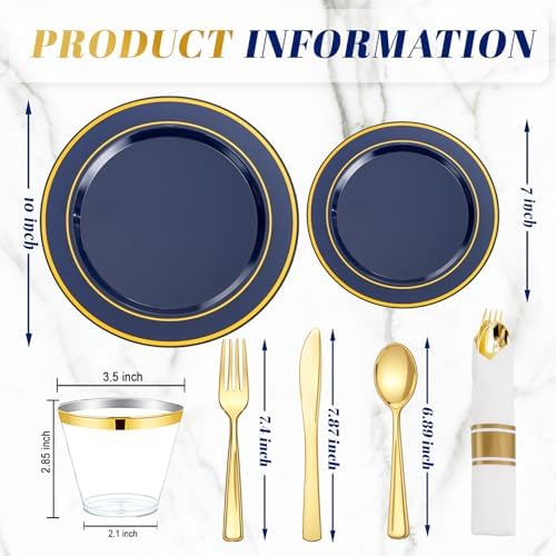 WDF Partyware 175PCS Blue and Gold Plastic Plates - Navy Blue Plates with Pre Rolled Napkins for Party - 25Guest Disposable Dinnerware Sets for Party/Birthday/Wedding - Image 3