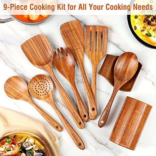 Mooues Wooden Kitchen Utensil Set, 9 Piece Natural Teak with Spoon Rest - Image 6