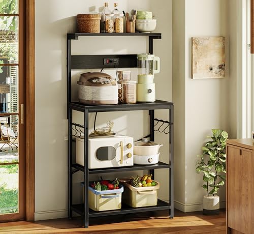 SUPERJARE Kitchen Bakers Rack with Power Outlet, Coffee Bar Table 4 Tiers, Kitchen Microwave Stand with 6 S-shaped Hooks, Storage Shelf Rack for Spices, Pots and Pans - Black - Image 6