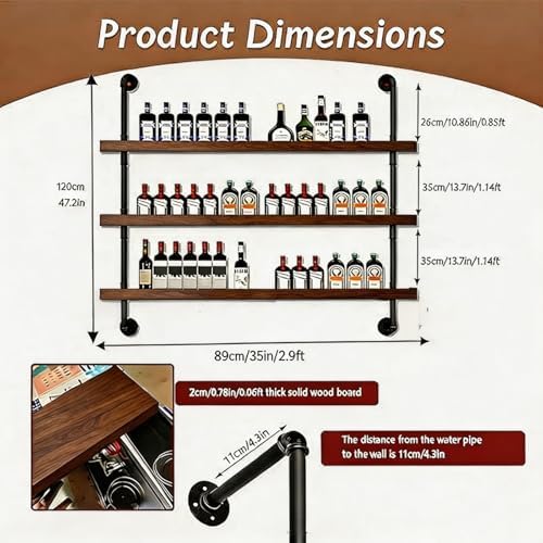 35In Wall Mounted Wine Rack 3-Tier Industrial Pipe with LED Light - Image 2