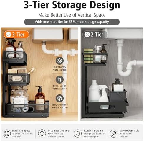 Under Sink Organizer, 3 Tier Pull Out Cabinet Organizer with 5 Adjustable Heights, Metal Under Sink Storage with Sliding Drawers for Kitchen, Bathroom, Pantry and Laundry Room, 2-Pack Black - Image 4