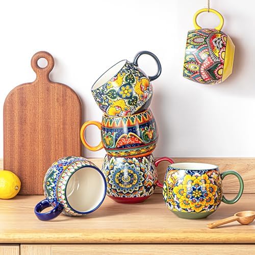 Henten Home Ceramic Coffee Mug Set of 6, 20 oz Colorful Coffee Cup with Handle, Boho Porcelain Mug for Cappuccino, Latte, Tea, Hot Chocolate, Cocoa, Microwave & Dishwasher Safe - Image 3