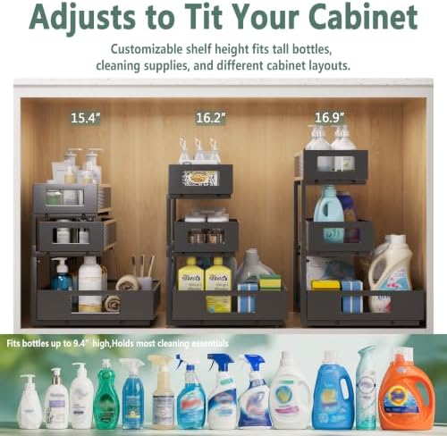 Under Sink Organizer, 3-Tier Height Adjustable Pull Out Cabinet Organizer - Image 2