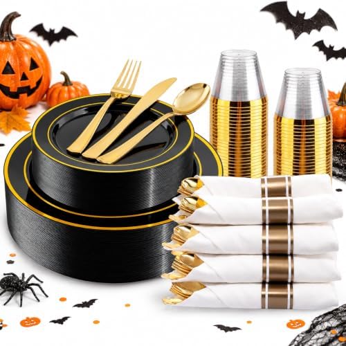WDF Partyware 175PCS Black and Gold Plates - Halloween Disposable Plates for Party - 25Guests Disposable Dinnerware Set for Wedding/Party/Birthday/Halloween by WDF