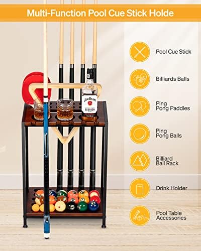 EXTCCT Pool Cue Rack Floor Stand, Metal & Wood, 12 Cues & Ping Pong, Brown - Image 2
