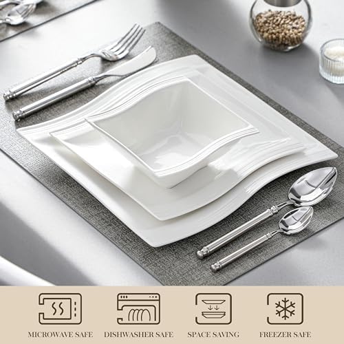 MALACASA Ivory White Dinnerware Set, 12 Pieces - Porcelain Dinner Plates, Dessert Plates and Bowls, Square Flora Pattern - Image 4