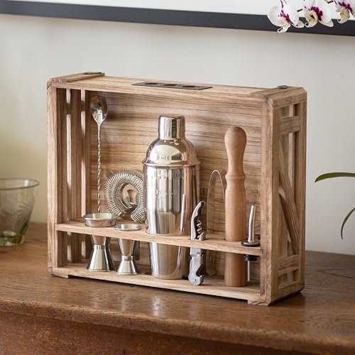 Cocktail Mixology Bartender Kit with Rustic Wood Stand - 11 piece Bartender Bar Tool Set Cocktail Drink Mixer Shaker Set for Memorable Drink Mixing Bar Kit Experiences - Barware Set Bartending Kit by ROYALEMIX