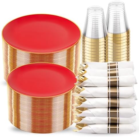 KIRE 350 PCS Red and Gold Plastic Plates - Plastic Dinnerware for Christmas by KIRE