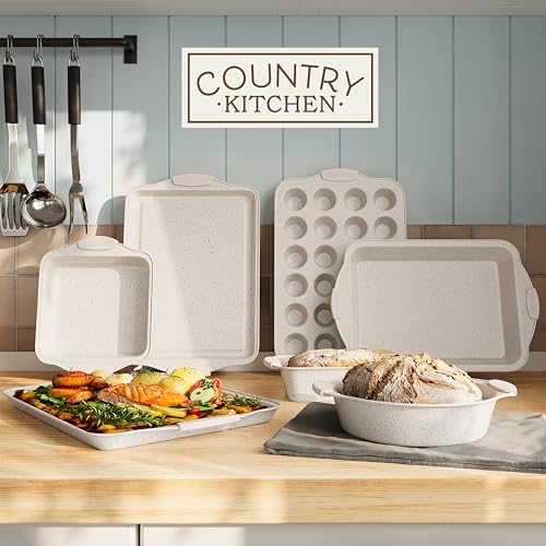 Country Kitchen Nonstick Stackable Bakeware Set - Heavy Duty, Durable, Easy Release Baking Set, Cream, 10 Pcs - Image 3