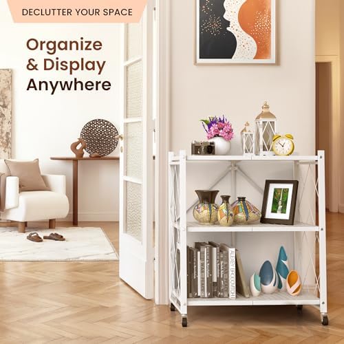 Our Modern Space 3-Tier Foldable Storage Shelf with Wheels | Metal Rack Collapsible Shelving Display | Rolling Cart for Books Kitchen Storage Shelves | Pantry & Closet Organizer | Office Room Decor - Image 6