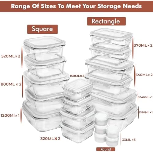 Razab 35 Pc Set Glass Food Storage Containers with Lids - Meal Prep Airtight Bento Boxes BPA-Free 100% Leak Proof (15 lids,15 glass & 5 Plastic Sauce/Dip Containers) - Image 2