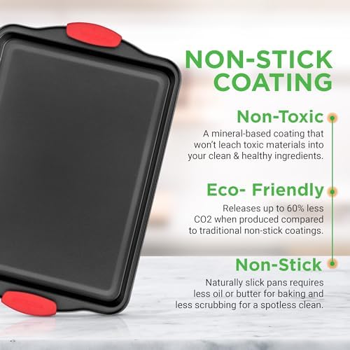 NutriChef 3‑Piece Nonstick Cookie Sheets – Carbon Steel Baking Sheet Set with Non Stick Coating & Red Silicone Handles – Oven Pans for Family Baking - Image 4