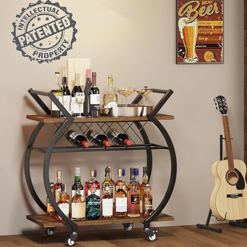 LVB Industrial Bar Cart, Beverage Serving Cart with Wheels, Rustic Brown - Image 3