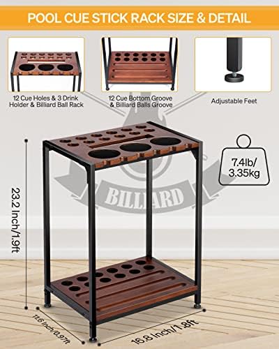EXTCCT Pool Cue Rack Floor Stand, Metal & Wood, 12 Cues & Ping Pong, Brown - Image 4