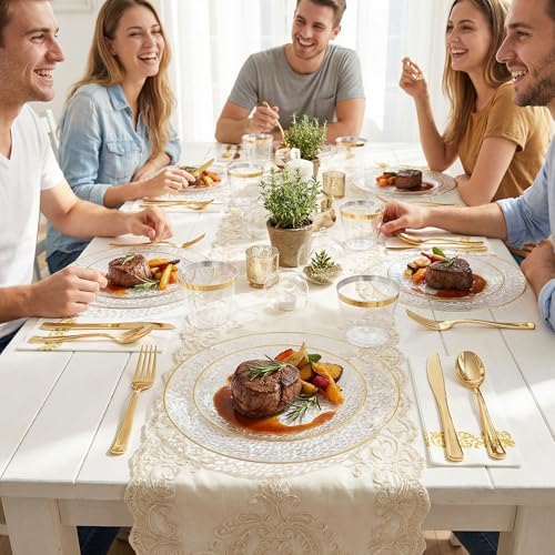 Rubtlamp 350 Pcs Clear Gold Plastic Plates, Hammered Disposable Dinnerware, Clear-Gold Plates Set Include 100 Plastic Platos, 150 Gold Disposable Silverware, 50 Cups And 50 Napkins for Party - Image 6