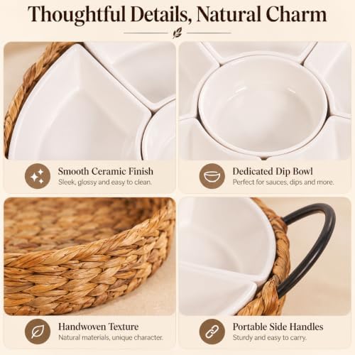 Ceramic Serving Tray, Food Tray 15.5 x 15.5 Inches,Divided Serving Platter with 6 Removable Dishes, Portable Handle Cattail Serving Bowls,Perfect for or Chips and Dip,Natural - Image 4