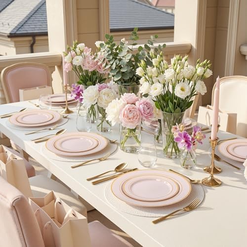 WDF Partyware 350PCS Pink Disposable Plates - Pink Plastic Plates 50Guests Plastic Dinnerware Sets with Rolled Napkins for Wedding/Birthday/Baby shower - Image 3