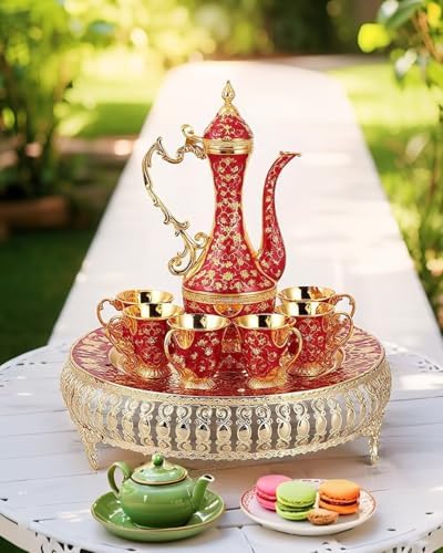 Turkish Tea Set Vintage Coffee Pot with Shiny Crystal Tray and 6 Cups for Home Party Table Decor Red - Image 4