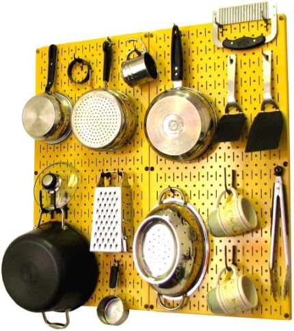 Wall Control Kitchen Pegboard Organizer Pots and Pans Storage Rack Organization Kit with Yellow Pegboard and Black Accessories by Wall+Control