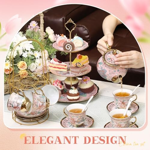 21 Pcs Porcelain Tea Set with 3 Tier Dessert Stand, Pink, Spring - Image 3