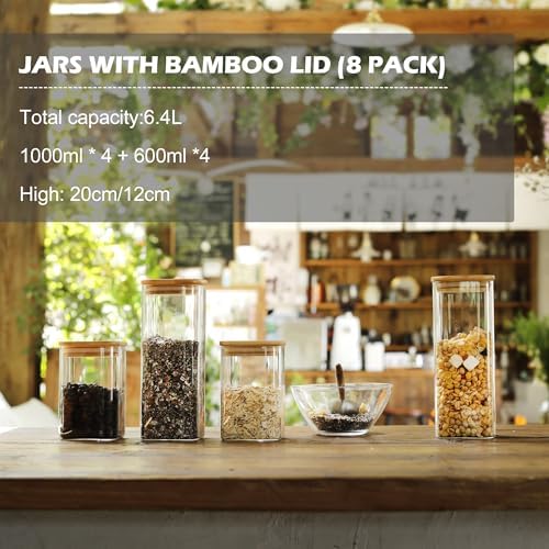 LIBWYS 8-Pack Square Glass Storage Jars with Bamboo Lids (0.6Qt/1.06Qt) - Image 6