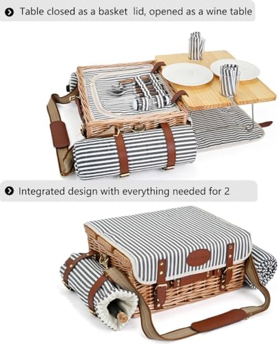 Multifunctional Wicker Picnic Basket Set for 2 with Blanket and Picnic Table, Insulated Picnic Set with Full Tablewares for Camping Outdoor Couples, Stripes - Image 3