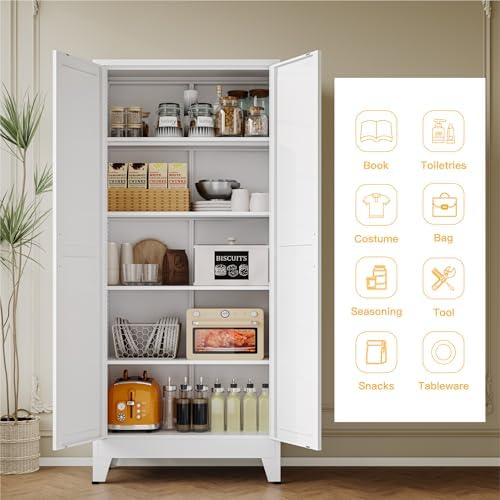 YAUWOH 71''Metal Cabinet with 4 Adjustable Shelves,5-Tier Pantry Storage Cabinet,Kitchen Pantry Cabinet for Living Room,Dining Room, (1PC,White) - Image 4