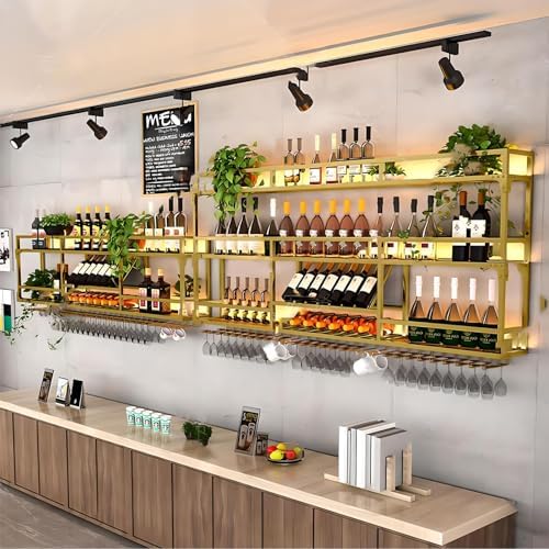 39Inch Metal Wall-Mounted Wine Rack with LED Light - 3 Tier Wine Storage Display Rack with Glass Holder - Space-Saving Bottle Display Shelf for Home Bars, Dining Rooms, Gold - Image 6