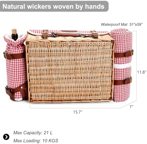 Multifunctional Wicker Picnic Basket Set for 2 with Blanket and Picnic Table, Insulated Picnic Set with Full Tablewares for Camping Outdoor Couples, Gingham - Image 4