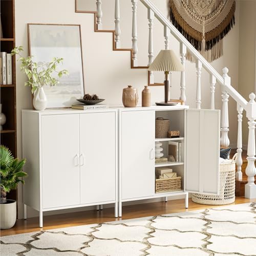 COFaR White Metal Storage Cabinet, 40” Kitchen Buffet & Coffee Bar Cabinet with Adjustable Shelves, 3-Tier Steel Organizer with Magnetic Doors, Sideboard for Dining Room, Home Office - Image 4