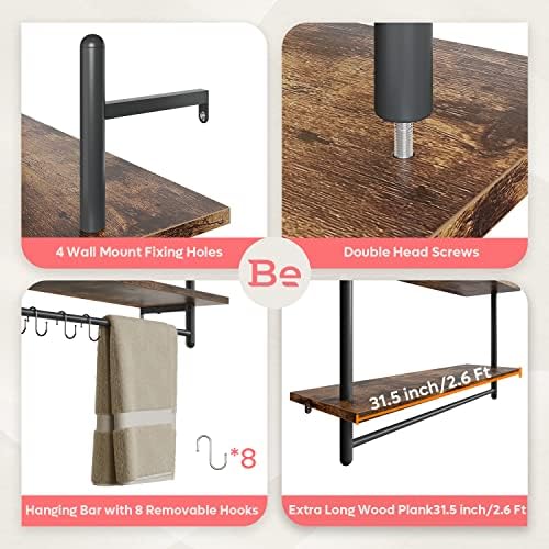 Bestier 31" Industrial Pipe Wall Shelf with Towel Bar, Rustic Brown - Image 3