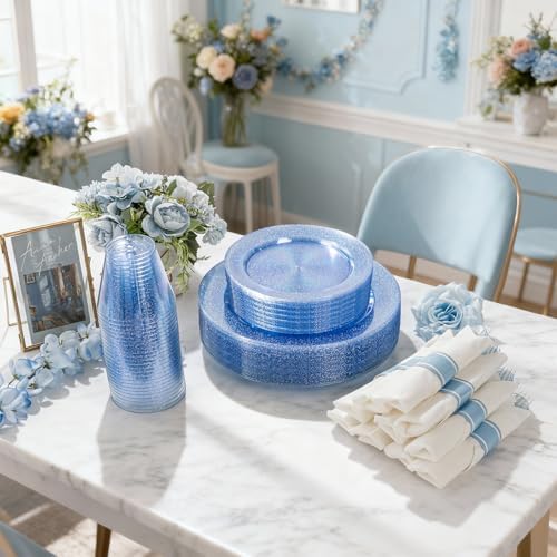 DaYammi 210PCS Blue Glitter Plastic Dinnerware Set for 30 Guests - Image 2