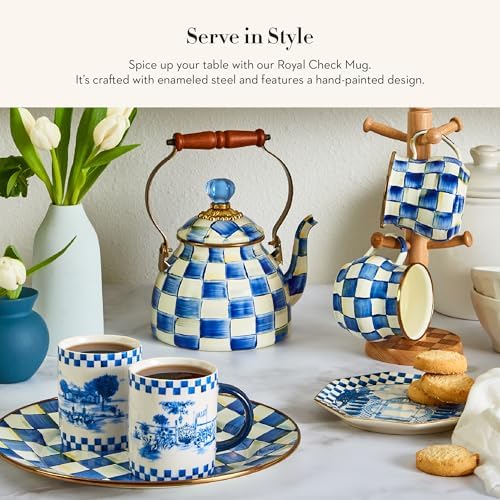 MACKENZIE-CHILDS Enamel Mug, Cute Enamelware Coffee and Tea Mug, Unique Drinkware, 16 Ounces, Blue-and-White Royal Check, Set of 4 - Image 2