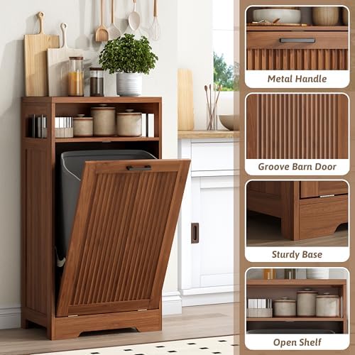 Pet-Proof Single 13 Gallon Tilt Out Trash Can Cabinet with Open Storage – Hide Garbage & Recycling Bins to Keep Your Kitchen Clean and Organized,Walnut - Image 4