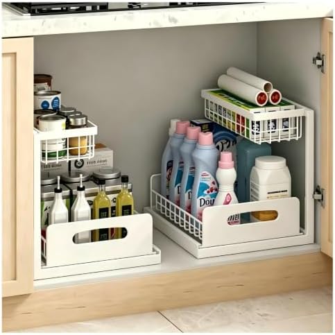 2 Pack Upgraded Under Sink Organizer, 2 Tier Pull out Kitchen Cabinet Organizer Metal Slide out Bathroom Organizers and Storage Makeup Drawer Organizer for Office Bedroom Restroom Living Room, L-White by EGBULL