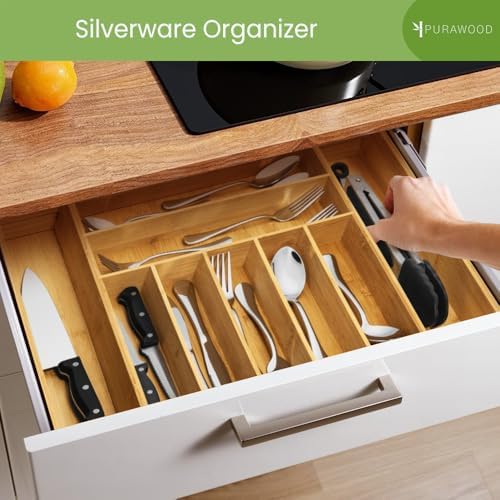 Purawood Bamboo Drawer Organizer, 2 Pack - Expandable Silverware Organizer & Utensil Organizer, Cutlery Tray with Dividers, 7-9 Slots - Premium Kitchen Organizer for Utensils & Flatware (Natural) - Image 3
