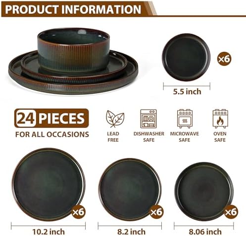 LIANYU Dinnerware Sets with Pasta Bowls, 24 Piece Ribbed Dinnerware Plates and Bowls Set for 6, Elegant Modern Stoneware Dishes Set for Kitchen Dining, Microwave and Dishwasher Safe, Jungle Green - Image 2