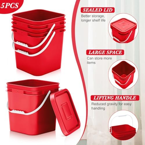 Mumufy 5 Pcs 3.5 Gallon Square Food Grade Bucket with Lid, Red - Image 3