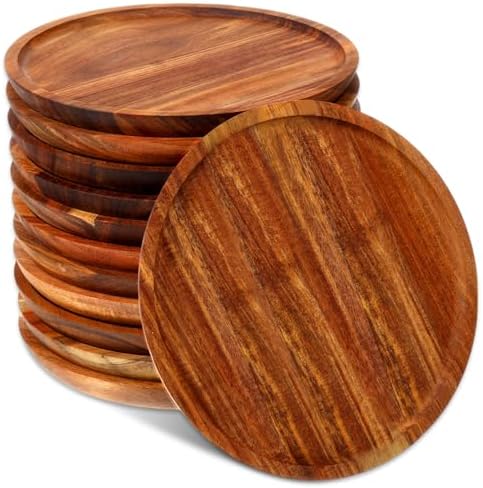 Rtteri 12 Pcs Acacia Wood Dinner Plates, Wooden Serving Dishes, 0.98 Inches by Rtteri
