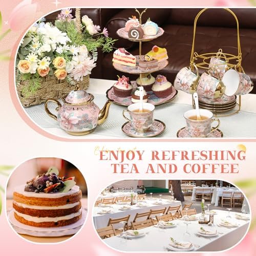 21 Pcs Porcelain Tea Set with 3 Tier Dessert Stand, Pink, Spring - Image 5