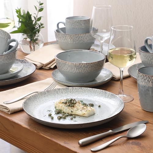 Gibson Elite Jasper 16 Piece Plates and Bowls Reactive Glaze Dishes Stoneware Ceramic Dinnerware Set - Service for 4 - Grey - Image 2