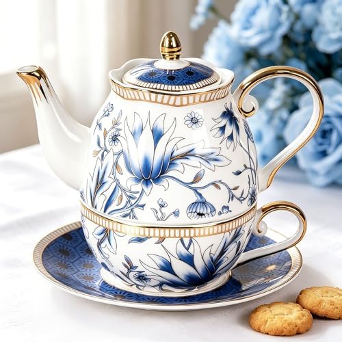 KAMMAK Tea for One Set, Ceramic Teapot, Bone China Tea Set, Cup and Saucer - Image 3
